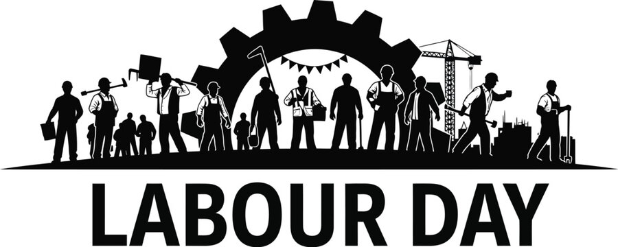 Celebrate Labor Day with strong workers and industrial gear silhouette