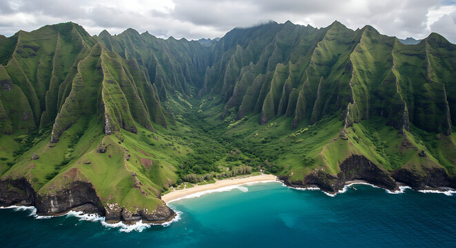 stunning panoramic view of lush green mountains and crystal blue ocean