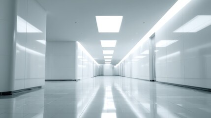Sleek, Modern White Hallway with Reflective Tile Floor and Architectural Lighting Design, Ideal for Corporate or Medical Concepts