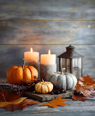 Thanksgiving background. Holiday scene. Wooden table, decorated with pumpkins, autumn leaves and candles. Vertical image