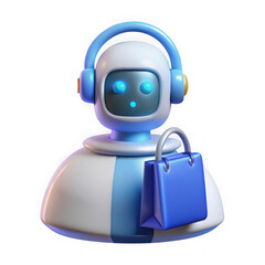 Naklejka premium 3D shopping robot with headphones and blue bag, cute AI customer service bot illustration, futuristic e-commerce assistant isolated on white