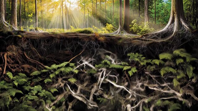 Intricate Mycelium Network Beneath Forest Floor Showcases Remarkable Communication Among Trees, Fostering Growth and Life in Natures Vibrant Ecosystem Filled with Sunlight
