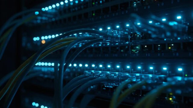 Examining Server Cables and Lights in Data Center Technology Close Up