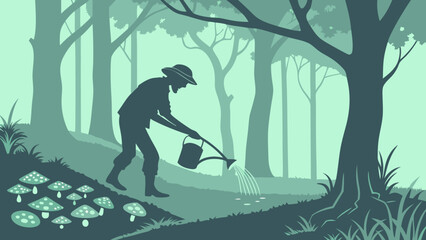 A solitary gardener in a serene forest silhouette waters a patch of ground surrounded by whimsical mushrooms and towering trees under a soft green sky