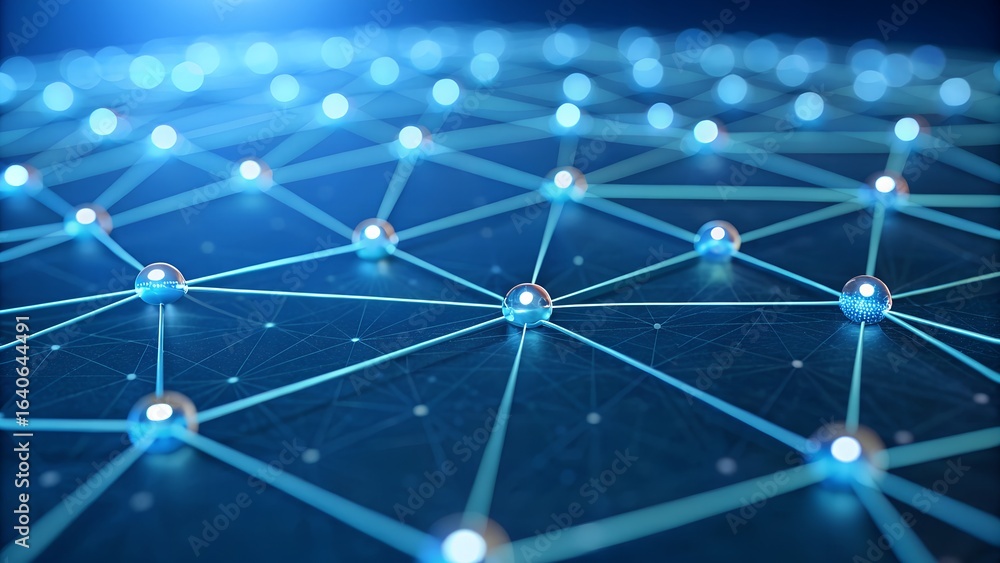 Poster abstract blue network of glowing nodes and connecting lines