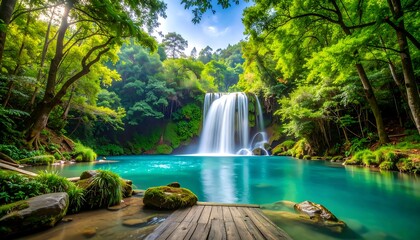 Lush waterfall cascading into serene pool