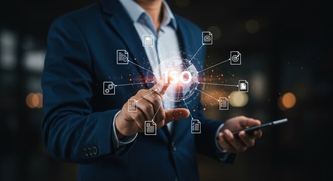 Businessman interacting with digital network and data visualization