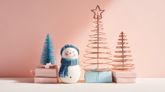 Festive Holiday Display with Decorative Trees, Snowman, and Gifts on a Pastel Background