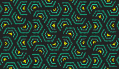 Teal and Gold Geometric Pattern. A seamless modern digital art design with hexagonal shapes and a vibrant color palette. Ideal for wallpapers, backgrounds, and textiles.