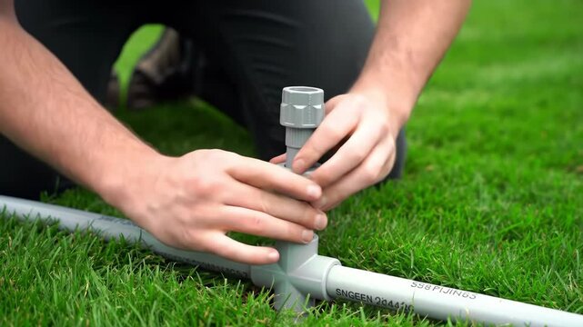 Man Installing Irrigation System in Lawn - Close-up view of a person's hands connecting grey PVC pipes outdoors on a lush green lawn.