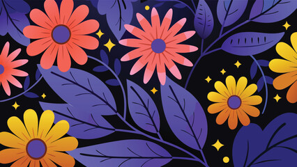 Illustration of flowers with orange and yellow petals and purple leaves on a dark background