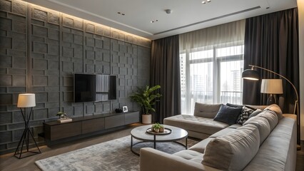 Elegant Living Room with TV, Sectional Sofa, and Cityscape View for Modern Living