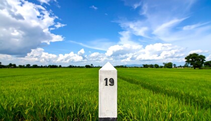 Countryside marker, lush rice fields, bright sky