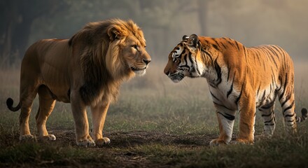 Obraz premium Lion and Tiger Standing Face to Face Dramatic Confrontation Majestic Big Cats Wildlife Power