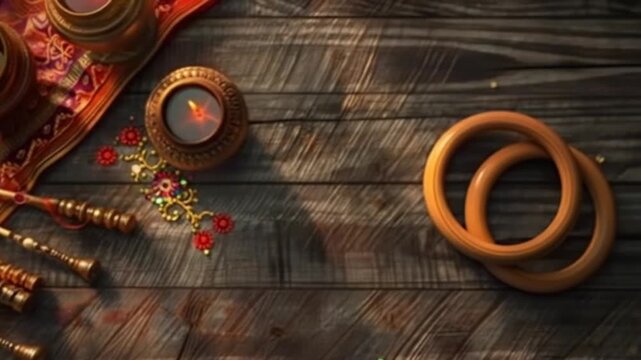  #:  807469604
Navaratri festival celebration with dandiya sticks, traditional attire, and clay lamps on wooden background - Powered by Adobe