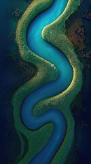 Fototapeta premium Aerial view of a winding river, vibrant blue, through lush green landscape
