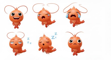 Naklejka premium Cartoon shrimp characters with different expressions