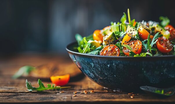 Fresh vegetable salad with avocado and tomato in rustic bowl on wood table