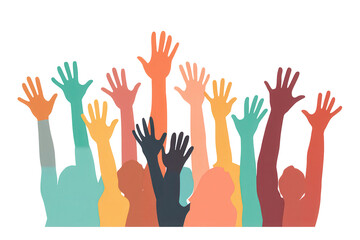 Colorful silhouettes of diverse individuals raising hands in celebration against a transparent background at an outdoor event during daytime expressing joy and unity