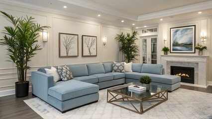 Spacious Living Room with Blue Sectional Sofa, Artwork, and Fireplace for Family Comfort