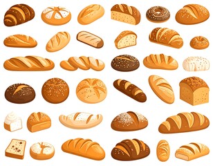 A collection of various bread types, shapes, and textures, illustrated against a white background