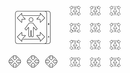 Fototapeta premium Illustration showing a person inside a square with arrows pointing outwards and variations of the icon