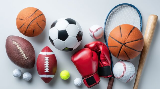 Diverse Sports Equipment Flat Lay: Basketball, Soccer Ball, Baseball, Football, Boxing Gloves and Tennis Racket