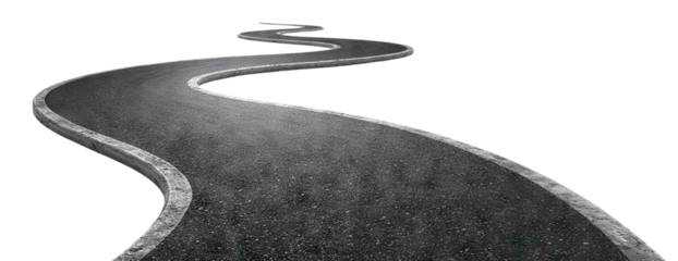 Curved winding asphalt road with perspective, isolated on transparent cutout background