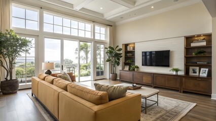 Bright Living Room Interior with Large Windows, Neutral Sofa, and Modern Decor Elements
