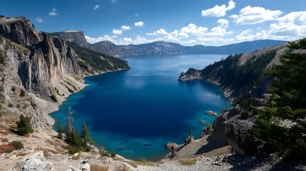 Fototapeta premium Panoramic view of Crater Lake, Oregon, showcasing the deep blue water surrounded by steep cliffs and evergreen trees under a partly cloudy sky.