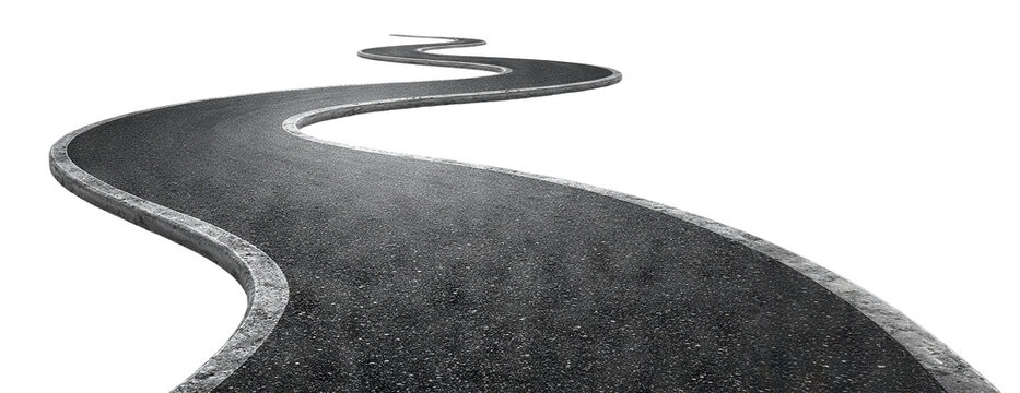 Curved winding asphalt road with perspective, isolated on transparent cutout background