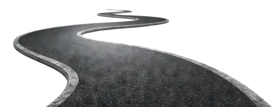 Curved winding asphalt road with perspective, isolated on transparent cutout background