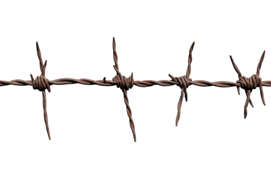 Barbed wire strand isolated on a transparent background showcasing sharp points and twisted design for various applications in design and safety contexts