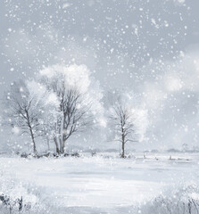 Fototapeta premium Snowfall Scene Winter Landscape Trees White Sky Clouds Water Ice Park Nature Cold Tranquil Silhouette Beautiful Wonderland Rural Scenic Reflective Foggy Northern Fresh 