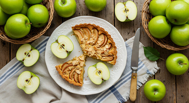Fresh green apples and a delicious apple pie on a rustic wooden table - Powered by Adobe