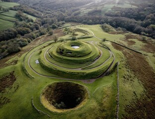 Aerial view of a circular earthwork landscape,  green terraces and a central depression