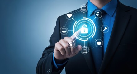 Businessman Securing Data with Hologram Technology and Futuristic Interface, Illustrating Cybersecurity Solutions and Digital Protection