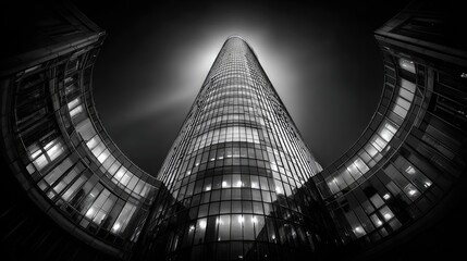 Modern skyscraper at night, viewed from below