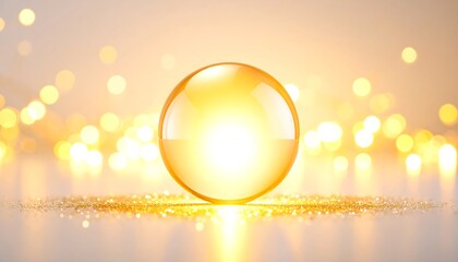 A clear sphere glows, illuminated from within, resting on a shimmering surface against a bokeh backdrop