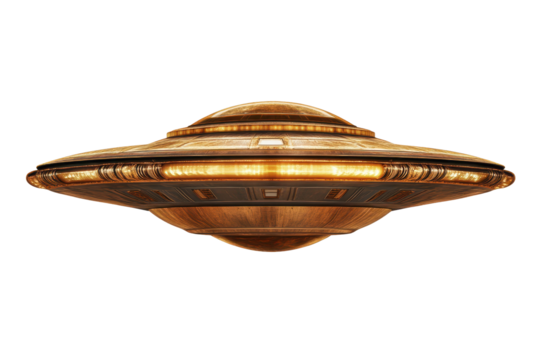 UFO with metallic design featuring a sleek saucer shape isolated on a transparent background for creative projects and digital art use - Powered by Adobe