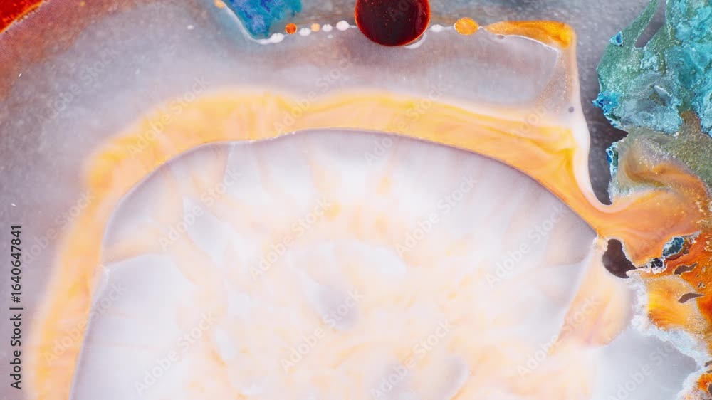 Poster closeup abstract shot of white ink getting fused with other colored inks and red circular inks.