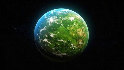 A digitally rendered planet, predominantly green and blue, suspended in the inky blackness of space