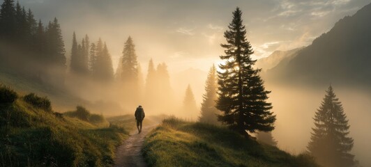 Lone Traveler Walking Through a Misty Mountain Valley at Dawn – Hyperrealistic Minimalist Landscape with Volumetric Light and Pine Forest
