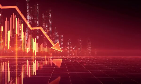 
Red stock market background with an arrow pointing down, a candlestick chart, and a financial graph going downward on a red gradient background.