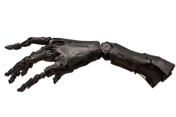 Gesturing robot hand cut out isolated on a transparent background showcasing advanced technology in robotics and automation