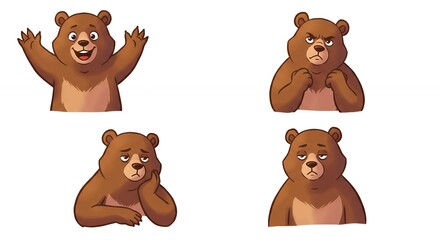 Four brown bear illustrations with different expressions