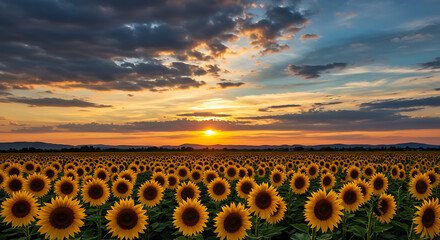 Obraz premium Breathtaking sunflower field under a vibrant sunset sky