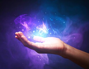Glowing energy floats above an outstretched hand, enveloped in purple and blue smoke
