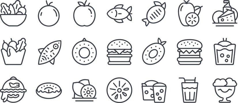 Collection of hand drawn food and drink icons representing healthy and unhealthy meal choices