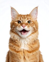 Fototapeta premium A cheerful ginger cat with mouth open, looking directly at the camera against a white background